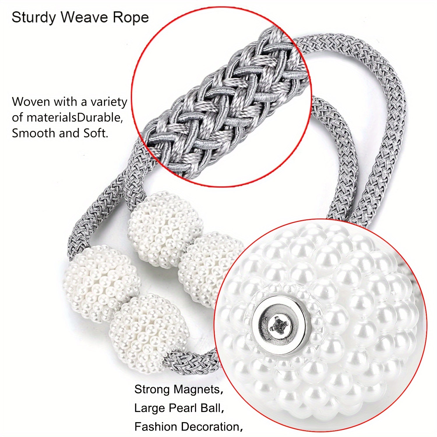 Set of Four Magnetic Curtain Tiebacks with Pearl Ball Decor for Living Room and Bedroom