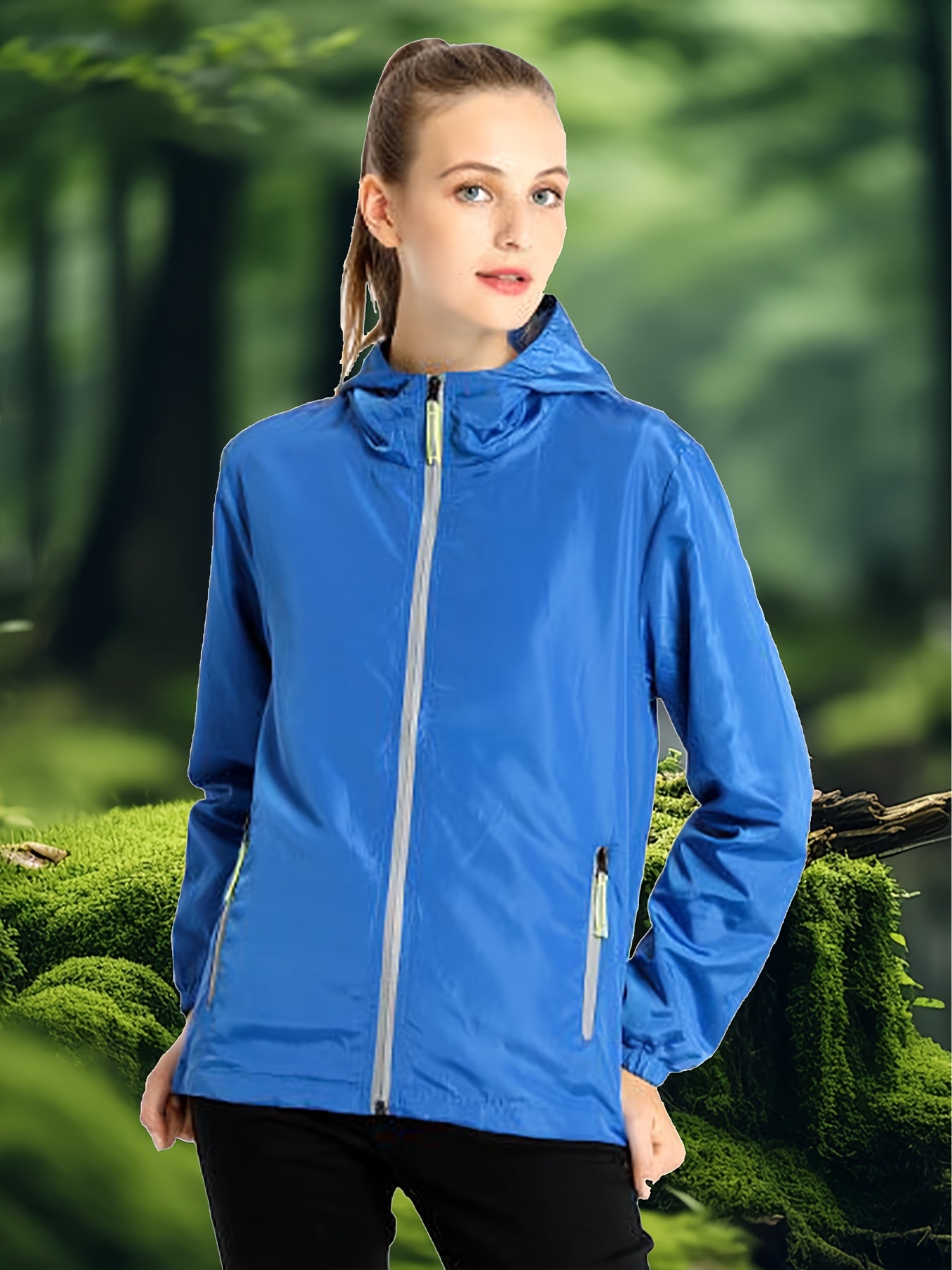 Chaqueta cortaviento con capucha y cremallera reflectante para mujer, casual, de manga larga, con bolsillos grandes