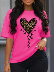 Plus Size Leopard Heart Print T-Shirt Casual Short Sleeve Top for Women