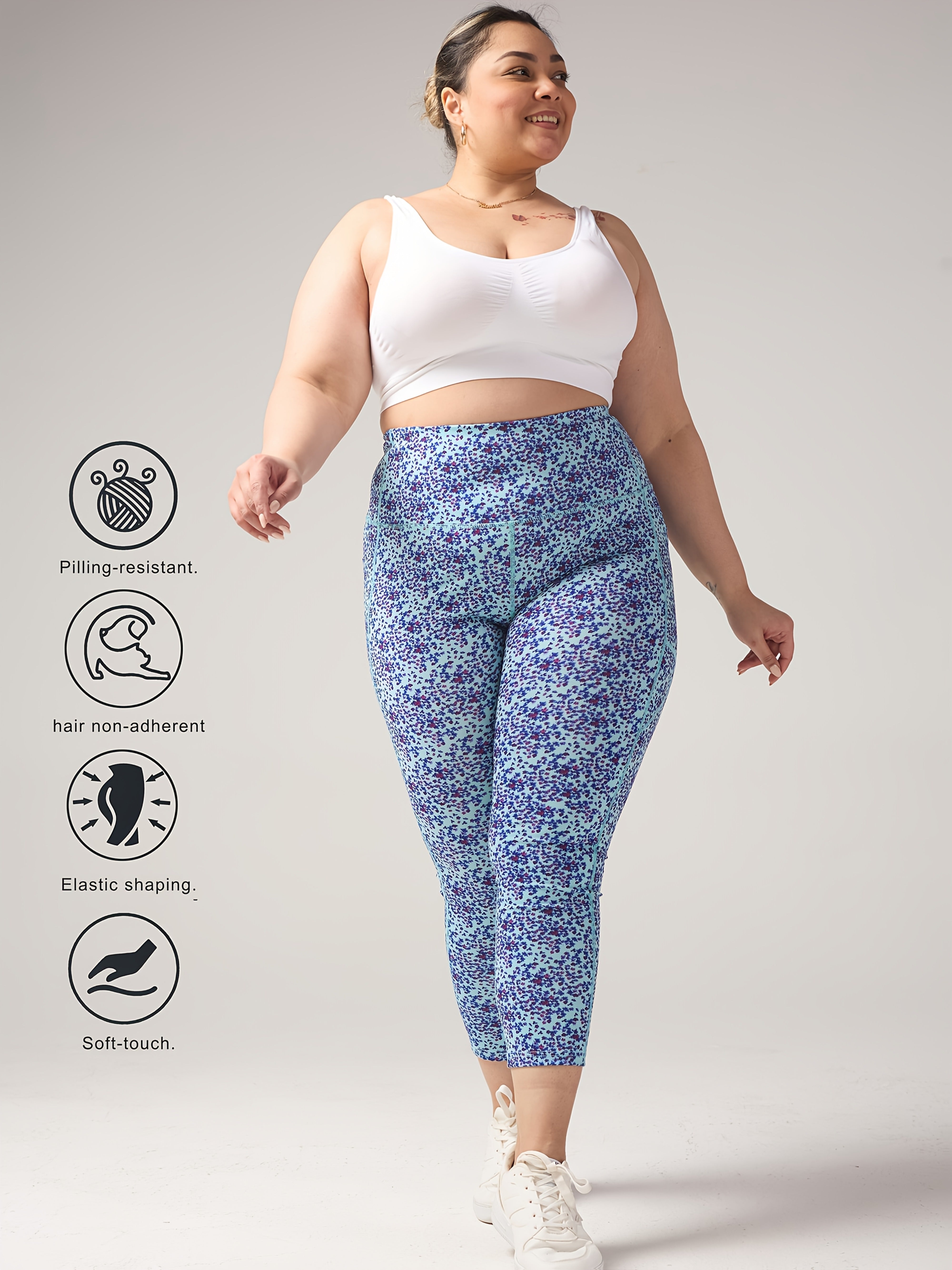 Plus-Size Floral Cropped Pants for Women High-Waisted Tummy Control