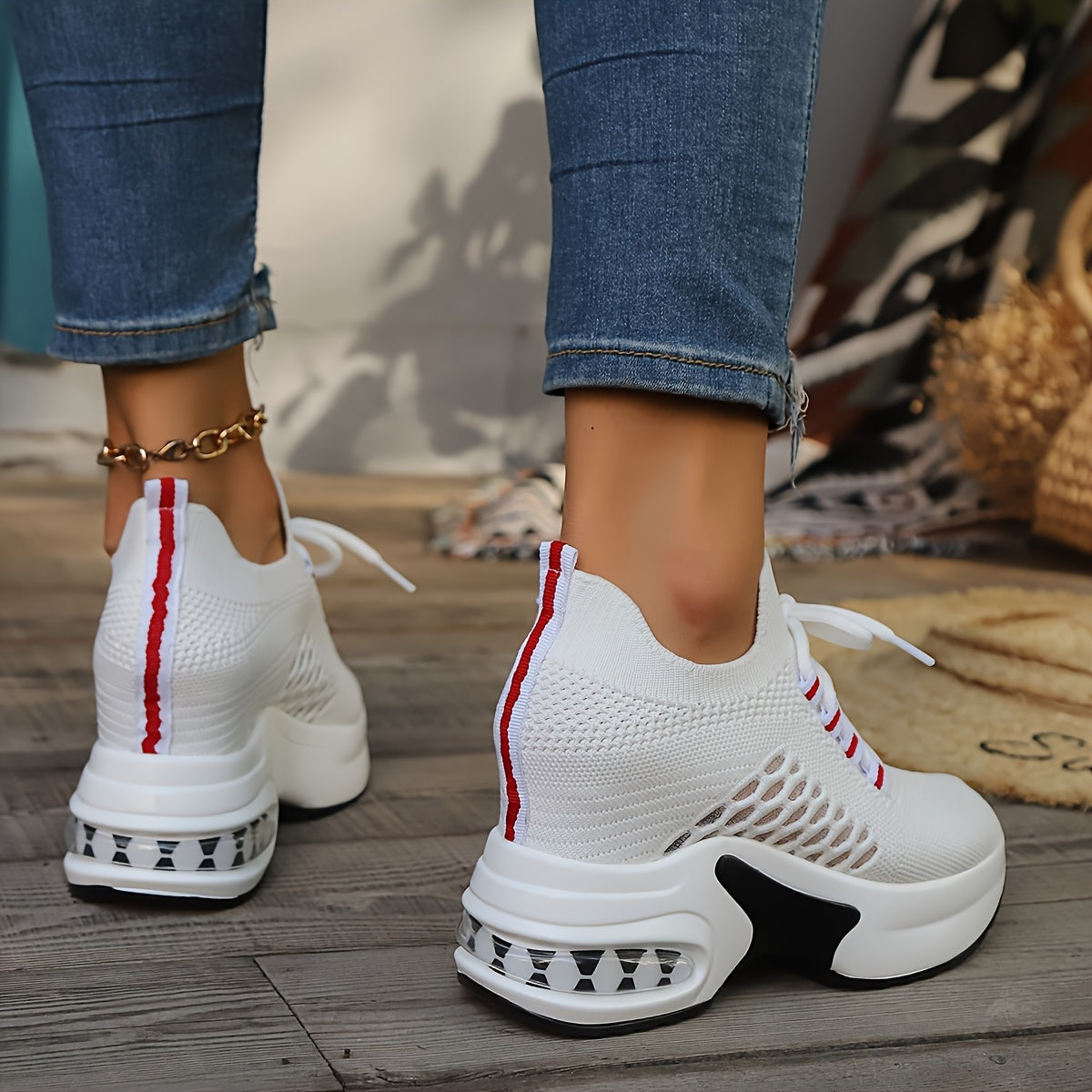 Women's White Knit Chunky Sneakers Low Top Breathable Casual Shoes