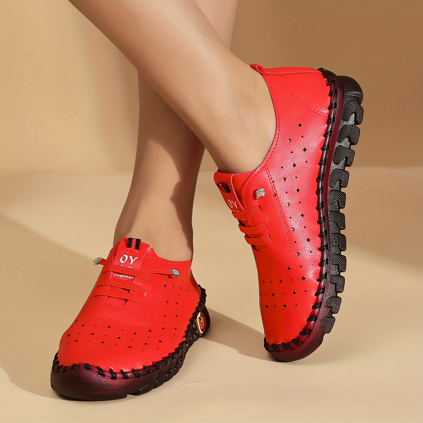 Women's Breathable Flat Sneakers with Hollow Out Design and Solid Color Lace-Up Shoes