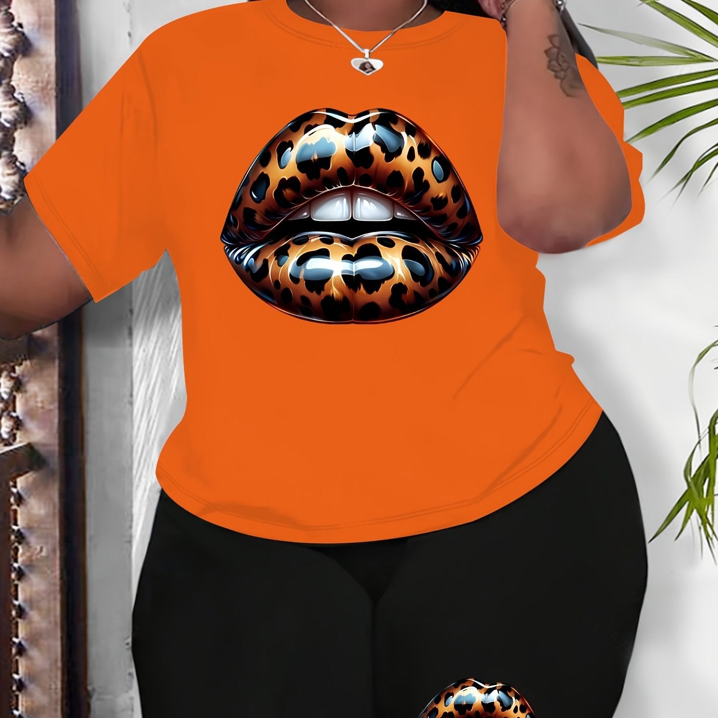 Women Plus Size Leopard Lip Print Casual Black Sportswear Set