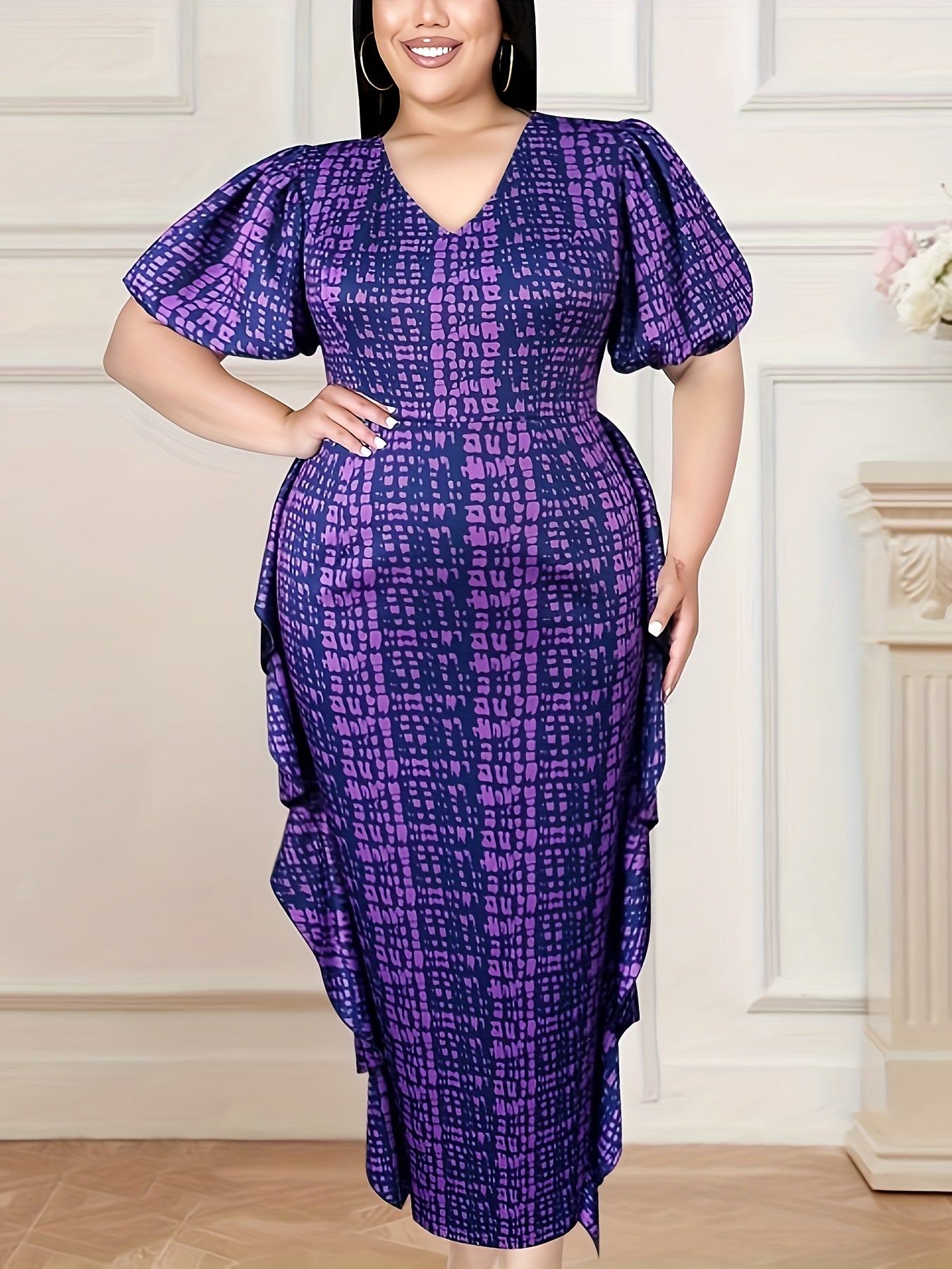 Women's Plus Size Purple Printed Maxi Dress V-Neck Ruffle Hem