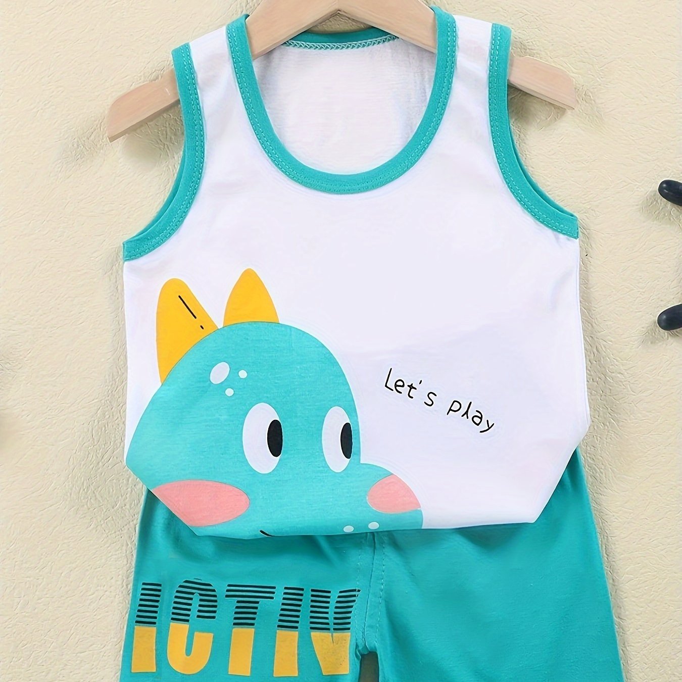 Kids Summer Dinosaur Print Cotton Shorts Set Crew Neck Tank Top and Shorts for Boys