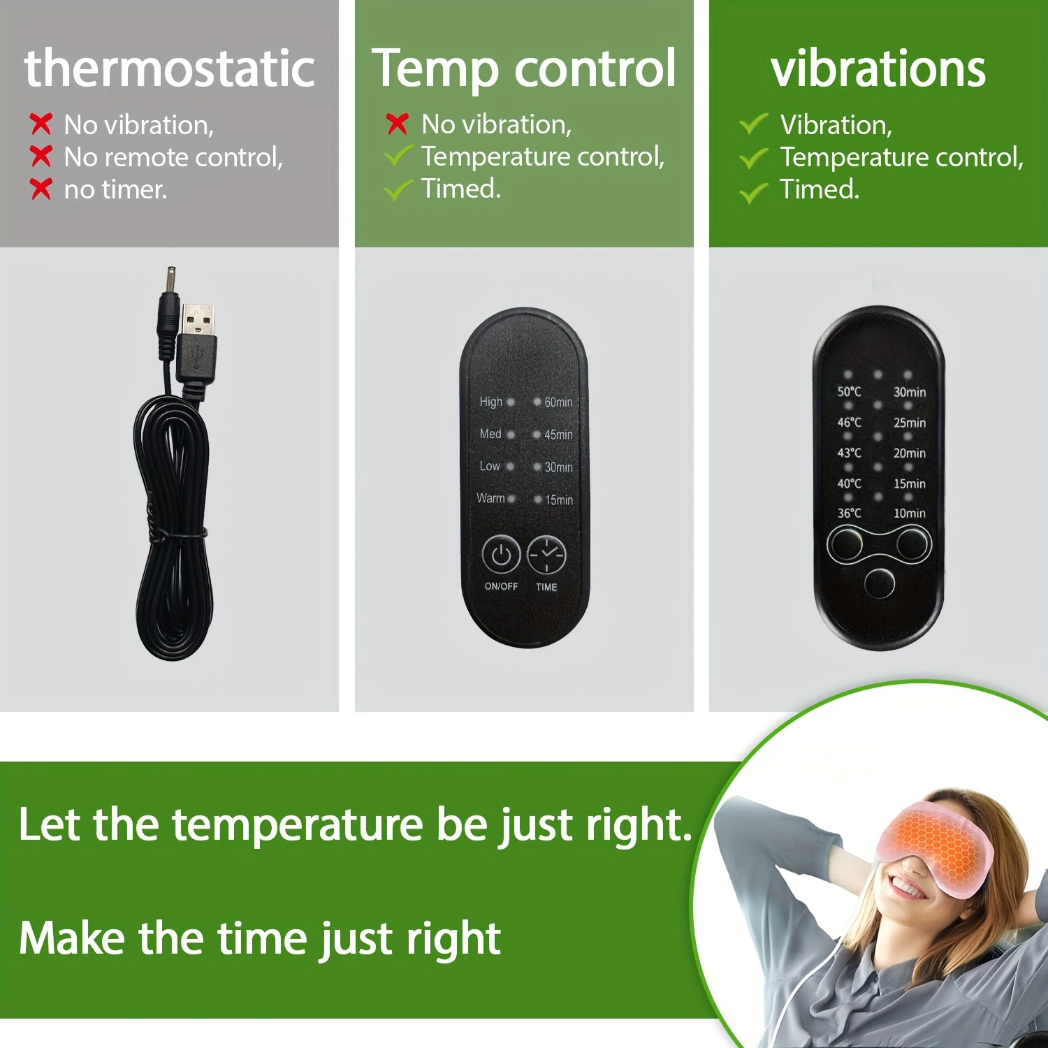 USB-quvvatlangan aqlli isitish massaj ko'z niqobi, sozlanadigan tebranish va harorat nazorati bilan, oila va do'stlar uchun mukammal dam olish sovg'asi