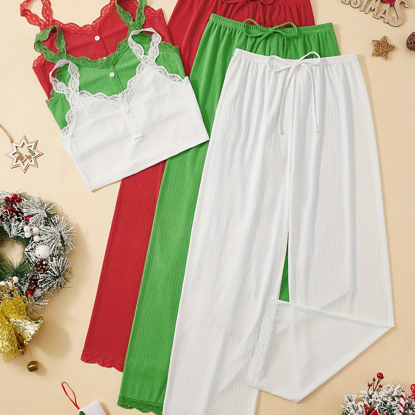 Women's Lace Trim Lounge Set V-Neck Cami Top and Elastic Waist Pants