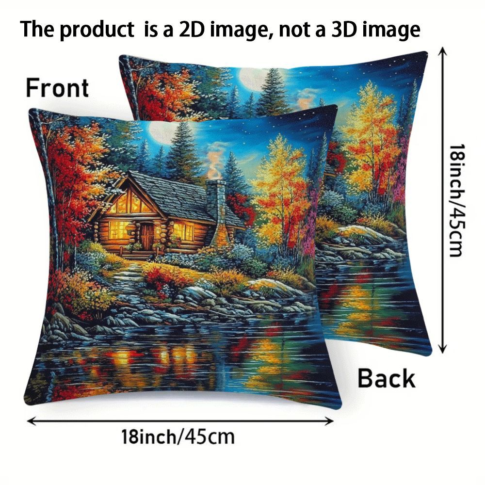 Set of 2 Flannel Pillow Cases 45.72x45.72 cm Lakeside Lodge Scenery Zippered Closure