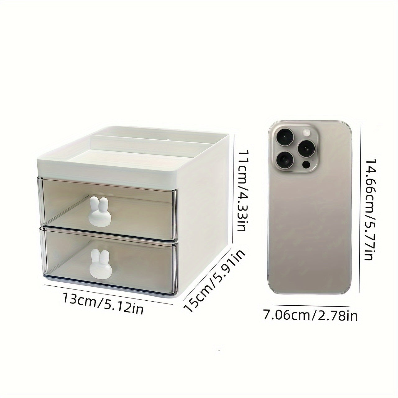 White Cosmetic Storage Box with Rabbit Handles 2-Drawer Desktop Organizer for Makeup Jewelry Office Supplies