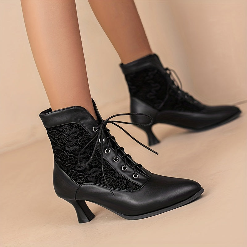 Women's Leather Stiletto Ankle Boots Pointed Toe Lace Up Short Shoes