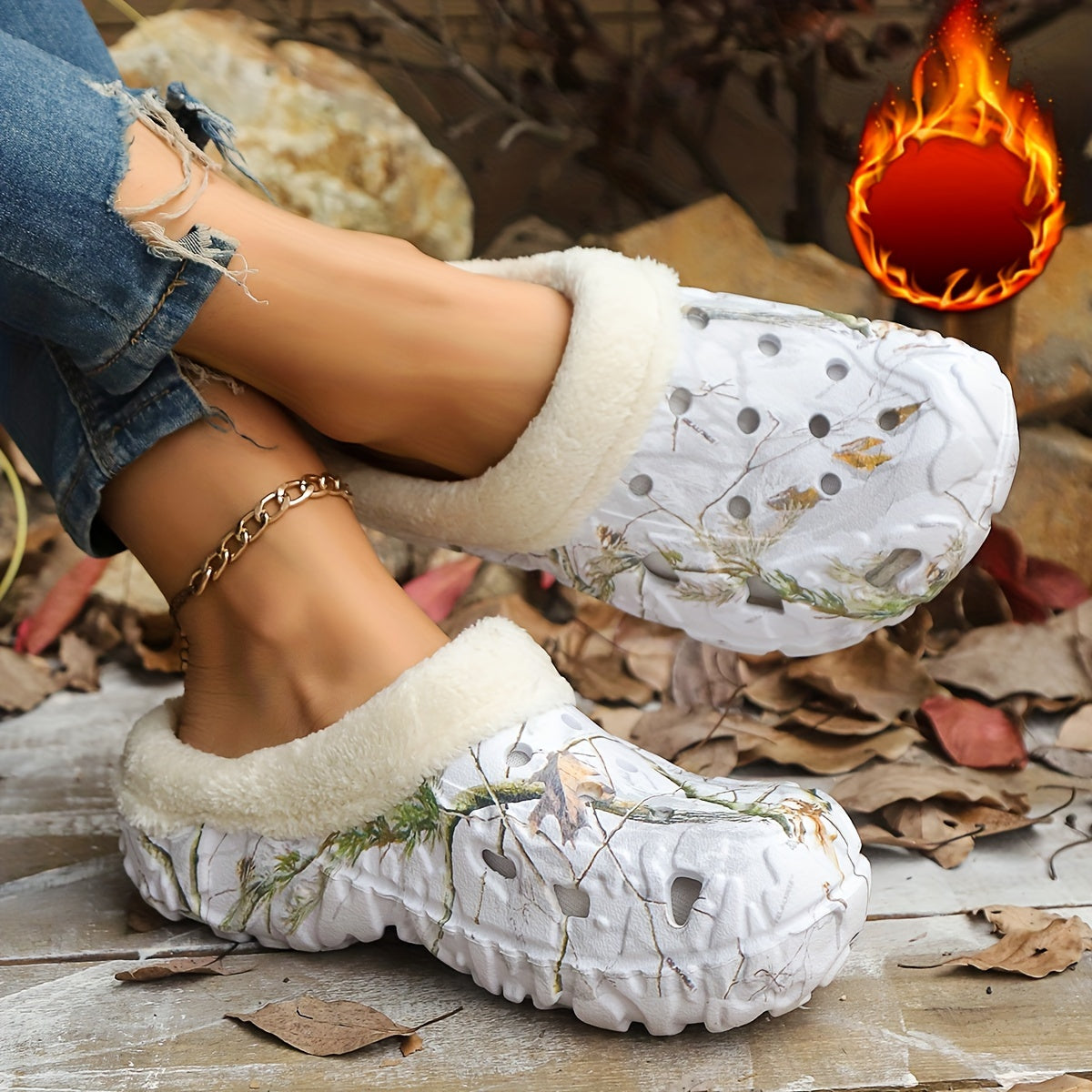 Women's Camouflage EVA Slip-On Shoes with Plush Faux Fur Indoor Outdoor
