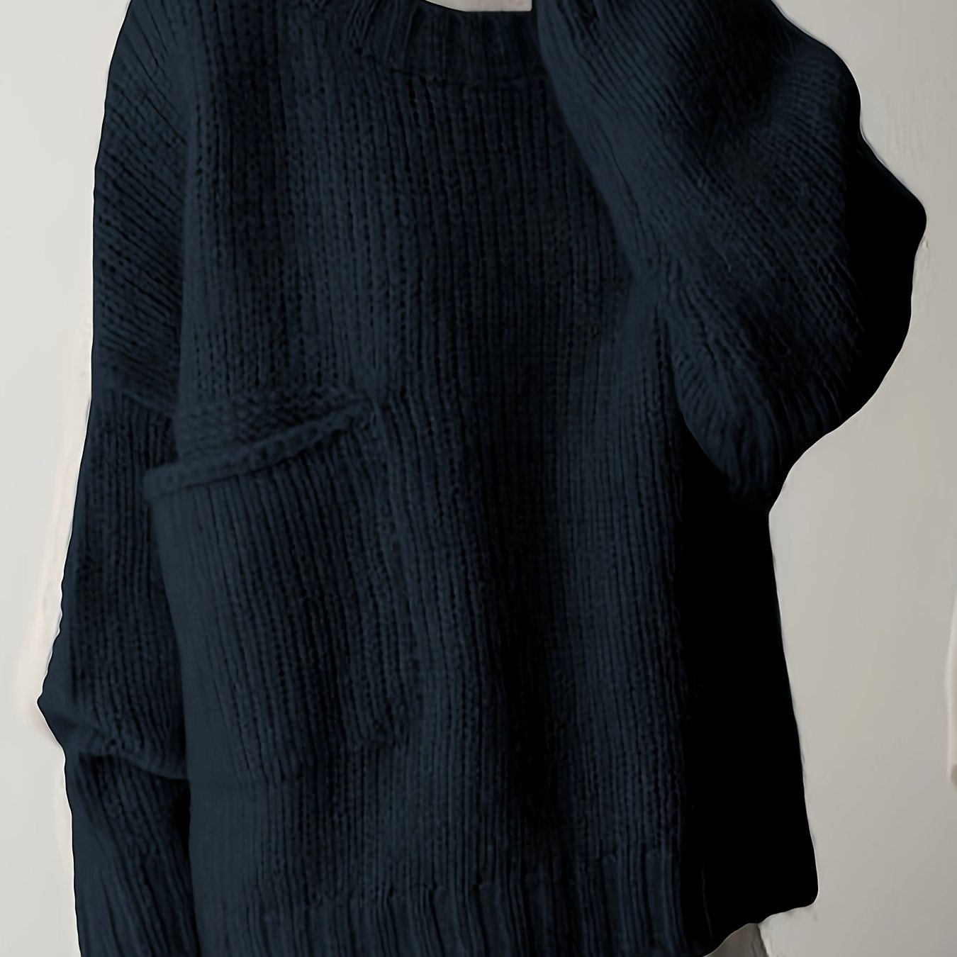 Suéter de punto verde de talla grande para mujer con bolsillos, cuello redondo, manga larga y cómodo