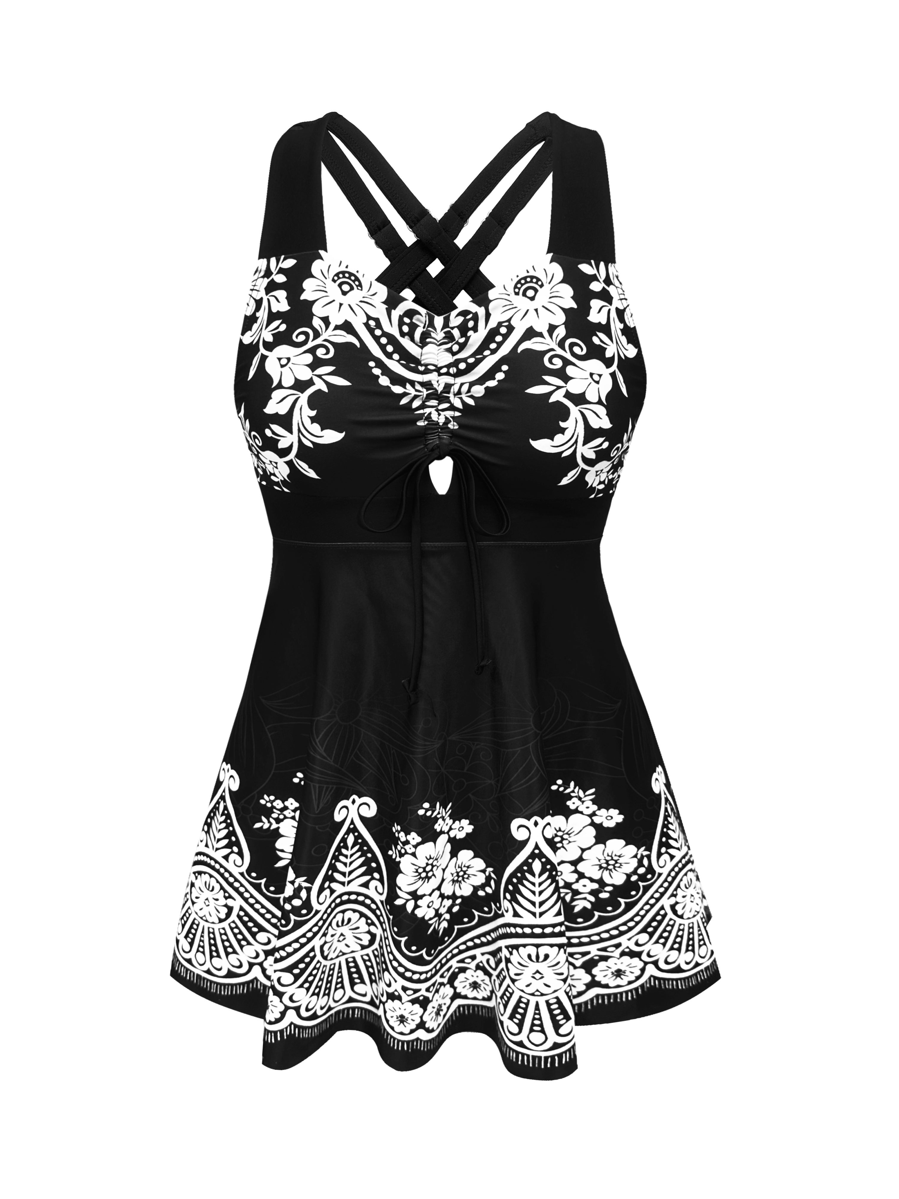 Gul naqshli va qirrali qirralarga ega bo'lgan mashhur evropalik va amerikalik moda suzish kiyimlari.