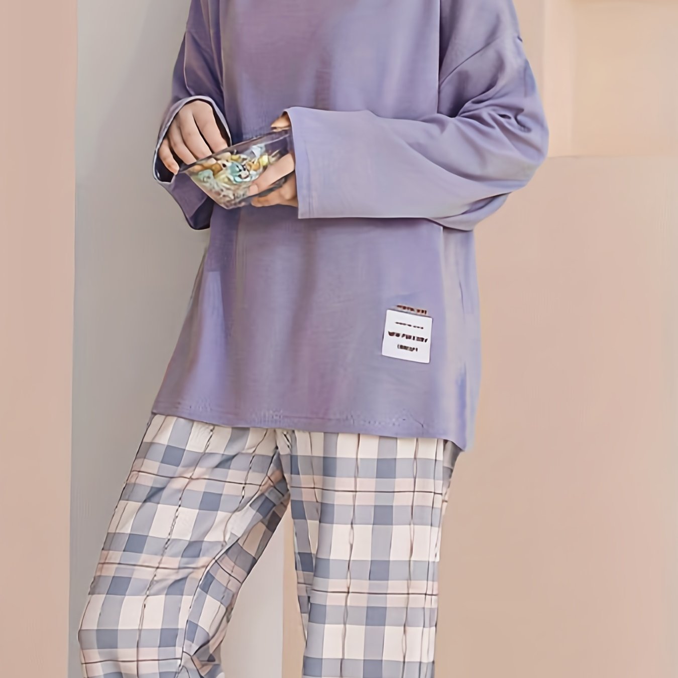 Teen Plaid Long Sleeve Pajama Set for Spring and Fall Polyester Casual Home Wear