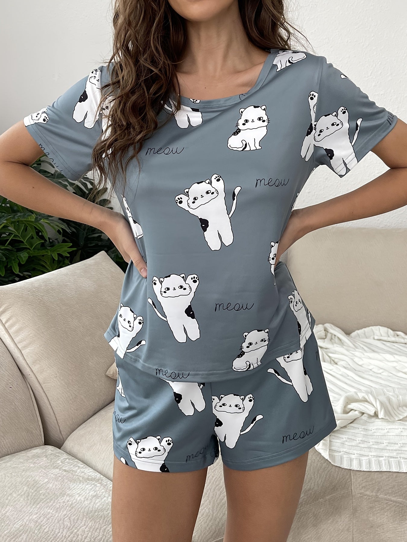 Women's Kitty Print Pajama Set Short Sleeve Shorts All Season