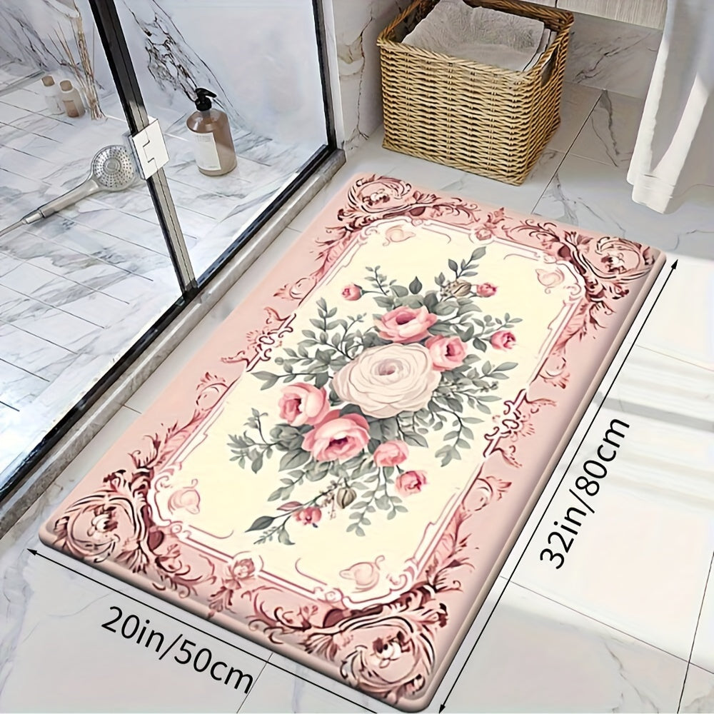 Alfombra absorbente de estilo campestre francés con motivos florales para cocina, baño y entrada, antideslizante, de poliéster