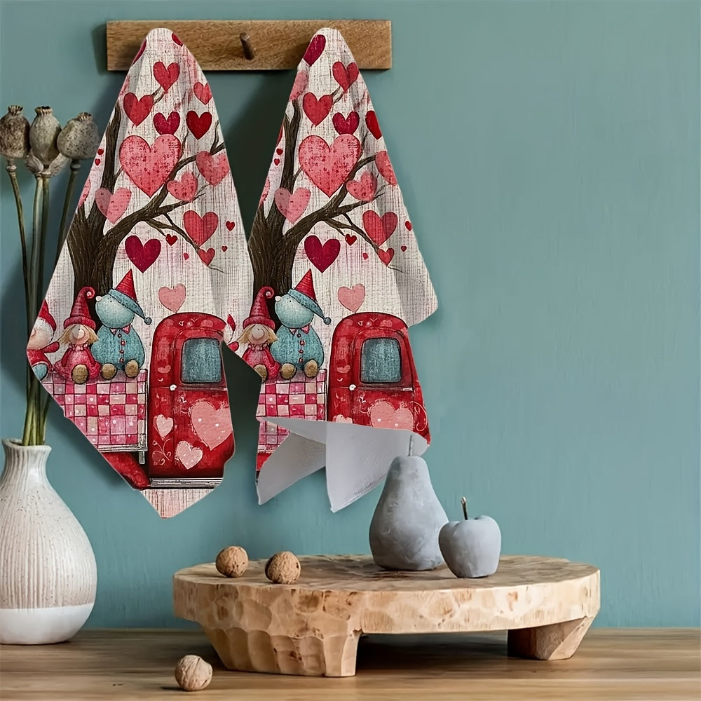 Pair of 2 Ultra-Soft Kitchen Towels Valentine’s Day Truck Gnome Design 40x60 cm