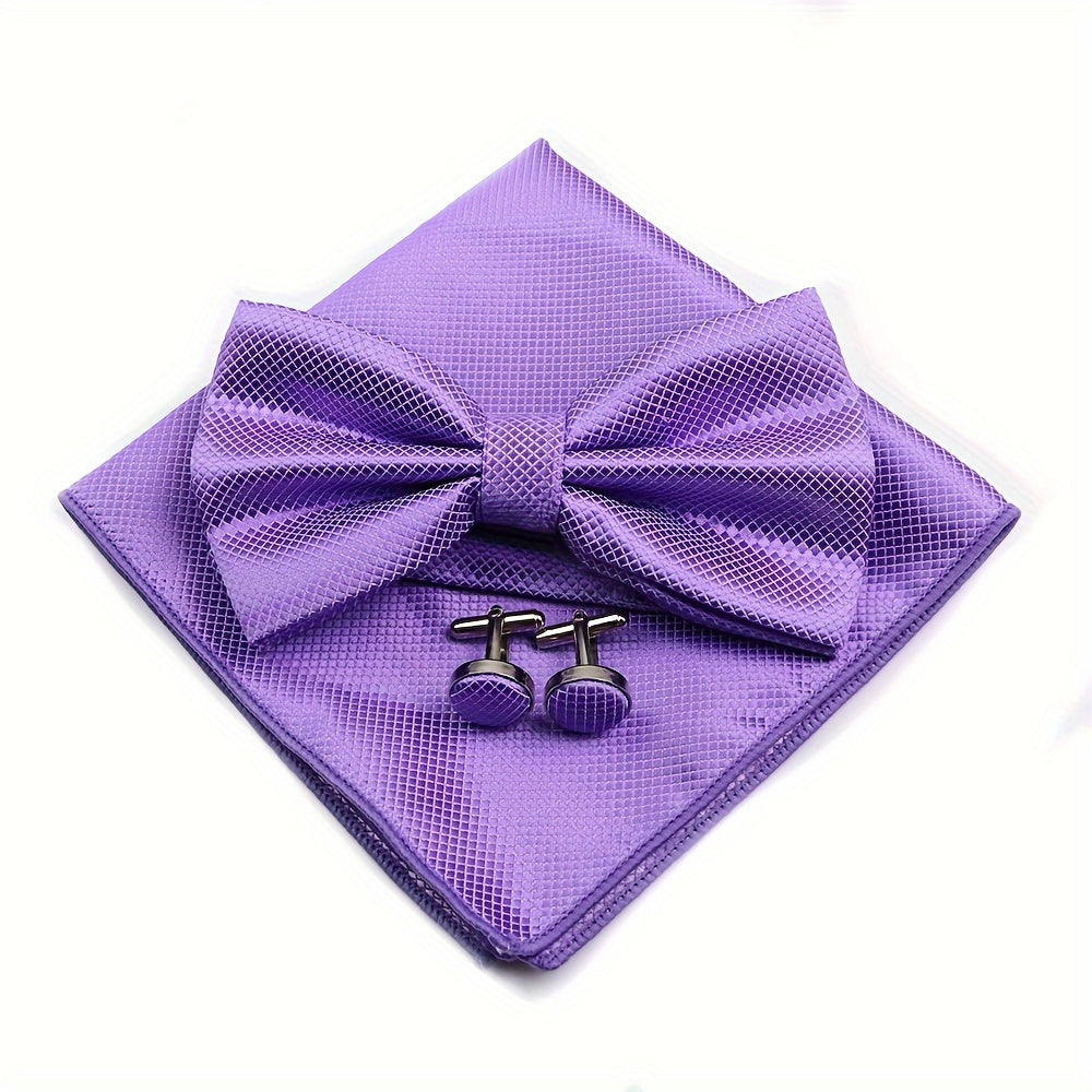 Set of 3 Wedding Accessories for Grooms and Groomsmen Bowtie Cufflinks and Pocket Towel
