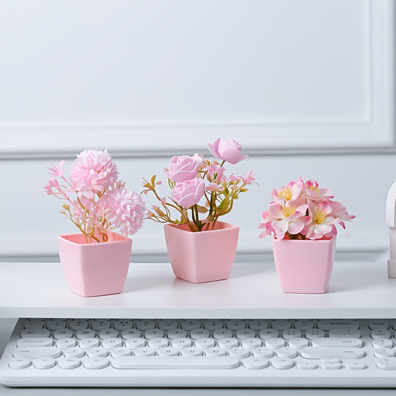 Mini Pink Artificial Plants with Faux Rose and Peach Embroidered Ball Flowers for Wedding Home Office Decor
