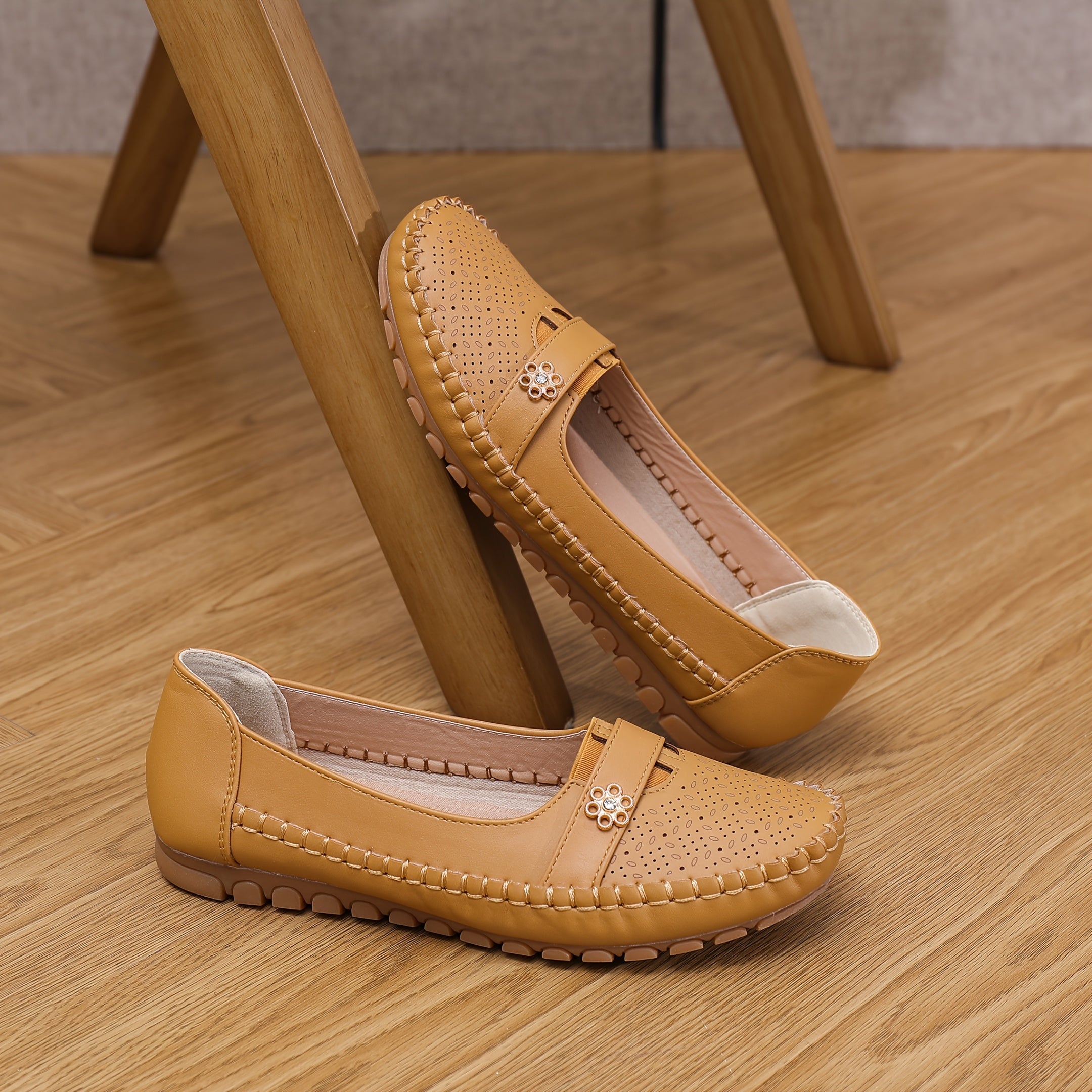 Women's Slip-On Loafers Breathable PU Beige Perforated Comfort Casual Shoes