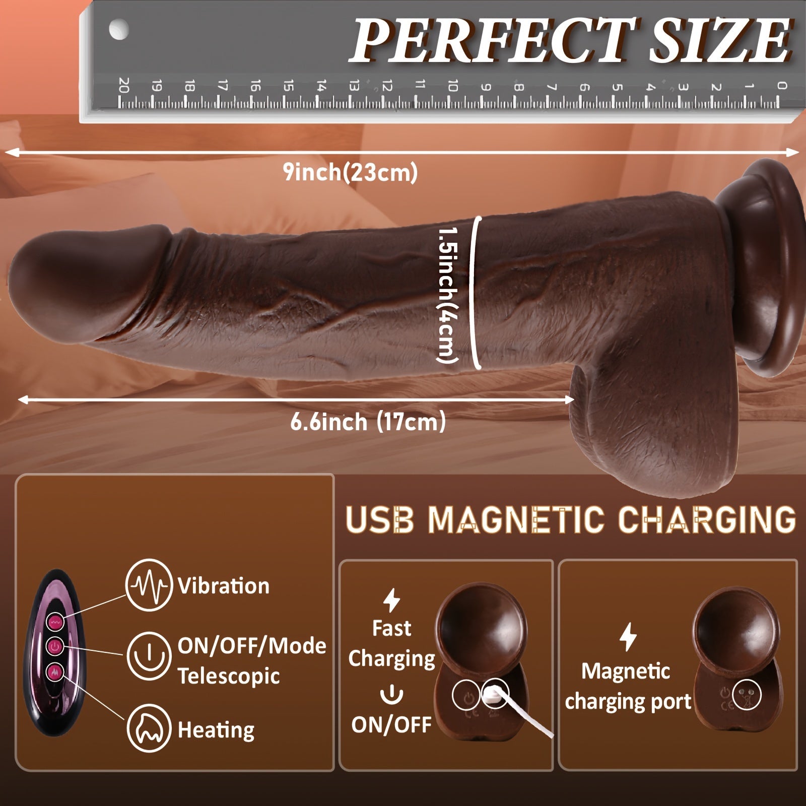 Women Liquid Silicone Vibrator Dildo with Rotating Heating 22.86 cm