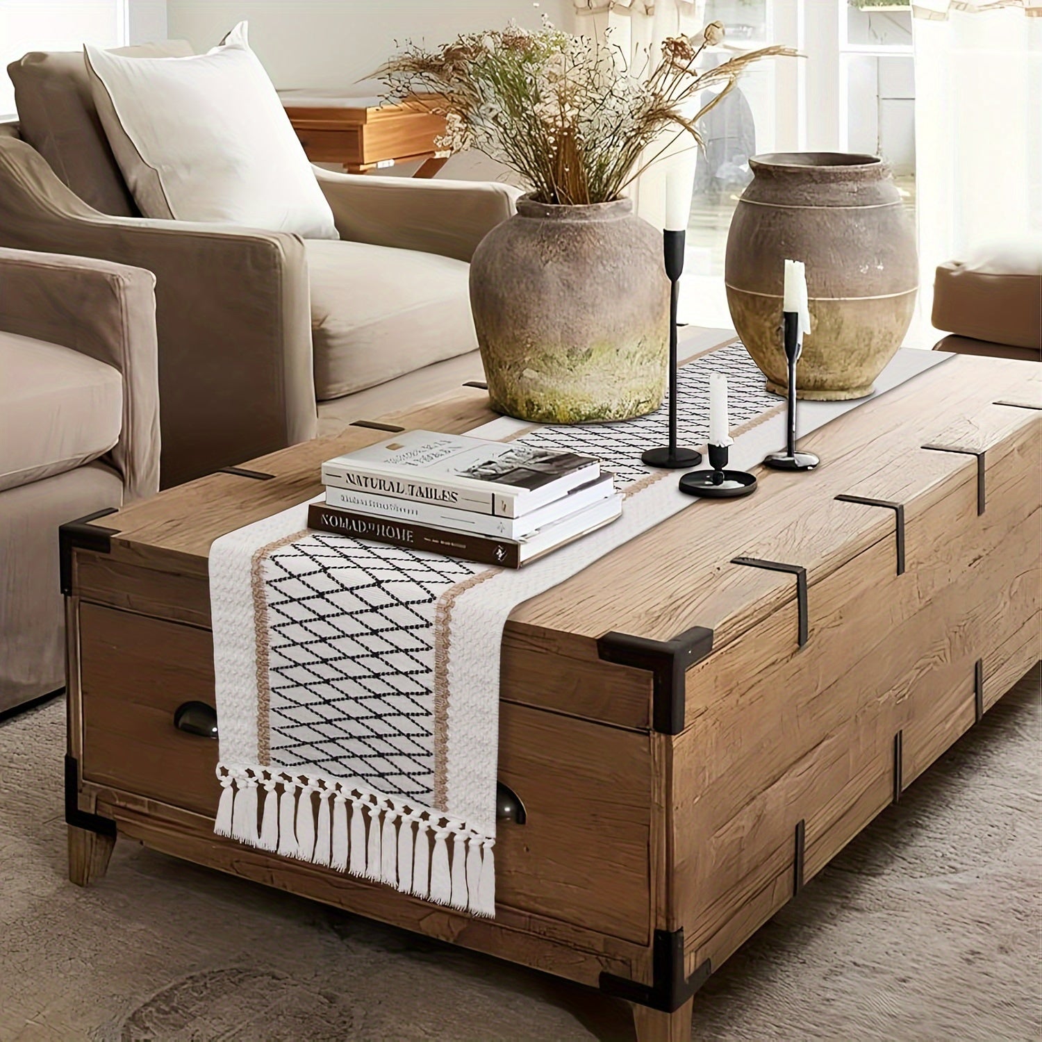 Linen Boho Chic Tassel Table Runner Farmhouse Style for Home Decor