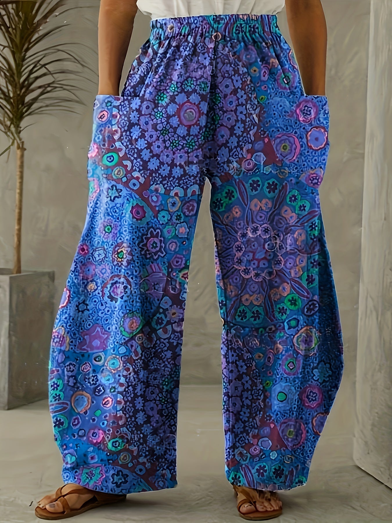 Women's Wide-Leg Pants Retro Mandala Print Dual Pockets