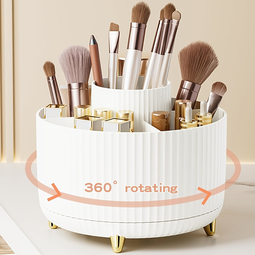 360° Rotating Makeup Organizer with 5 Compartments Plastic Storage Box for Brushes Lipsticks and Skincare