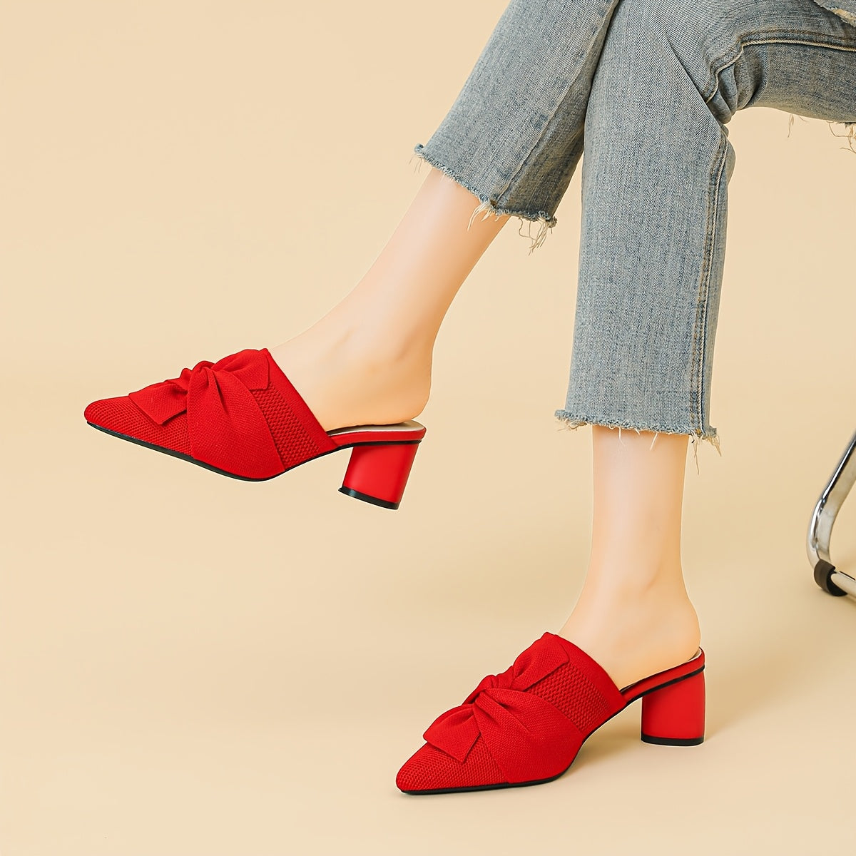 Women’s Pointed Toe Pumps Solid Color Fabric Slip-On Mid Heel Durable Sole