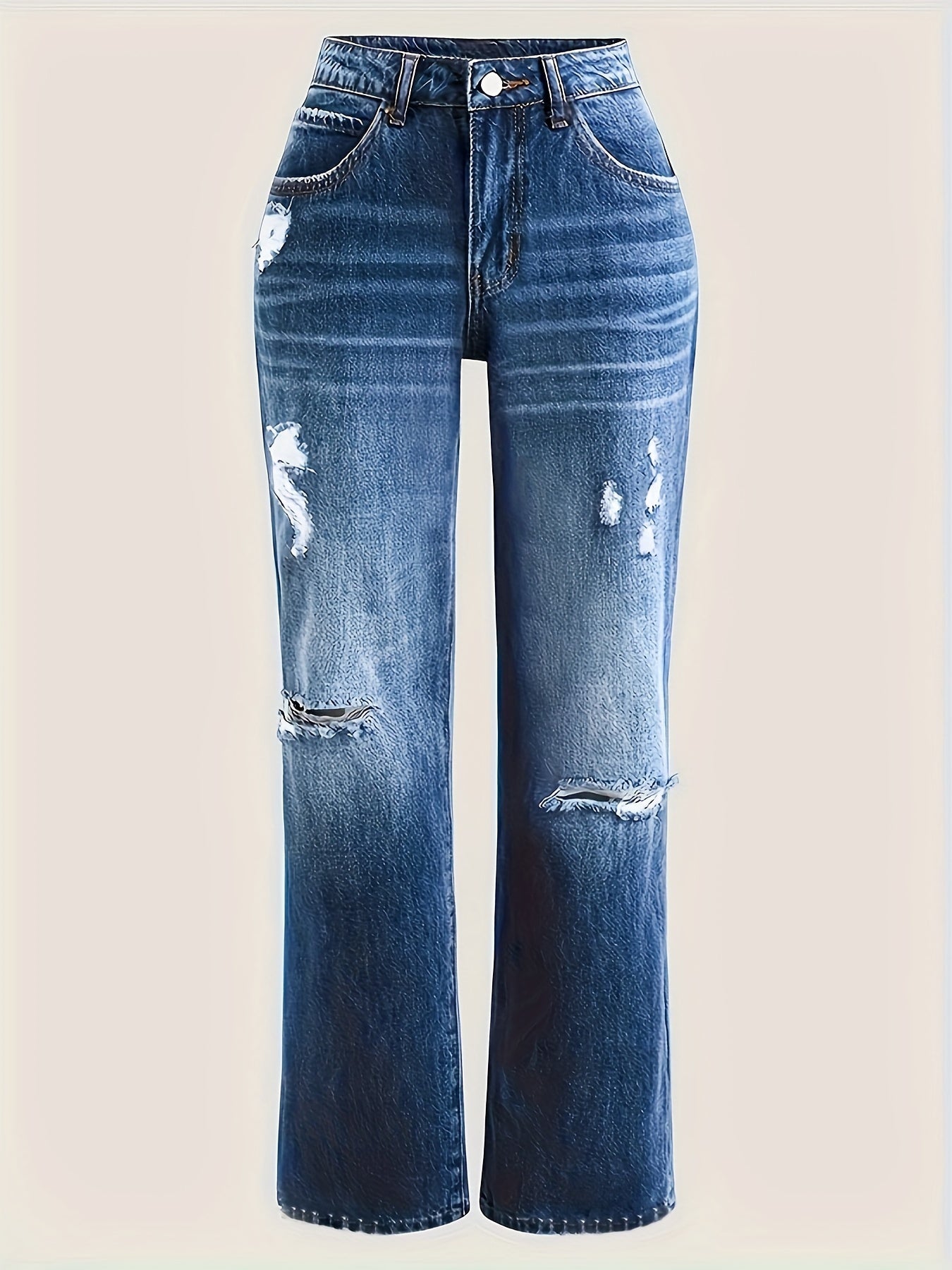 Women's Light Blue Distressed Straight Jeans High Stretch Casual