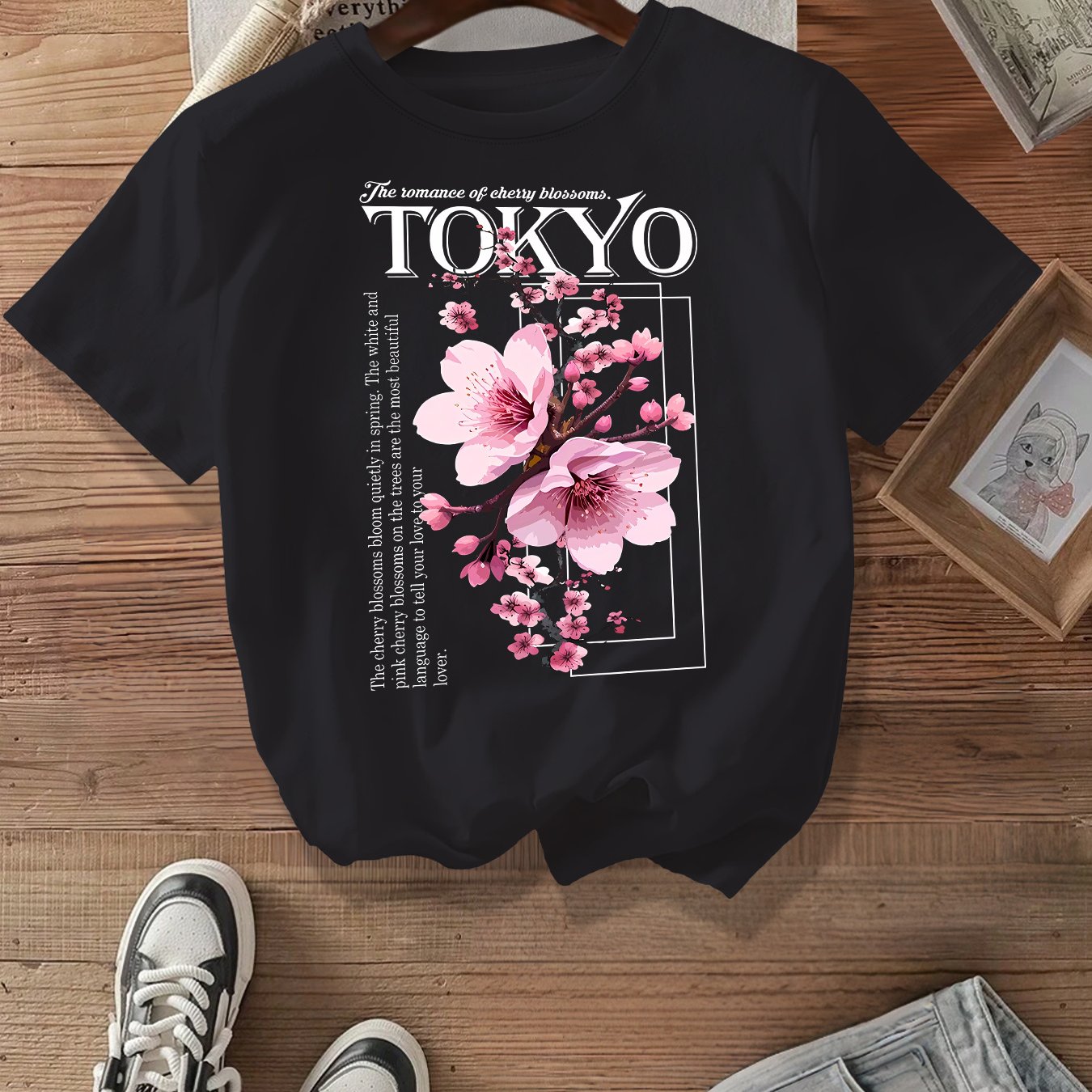 Camiseta de mujer de talla grande con estampado de cerezos en flor, mezcla de poliéster, top de gran tamaño