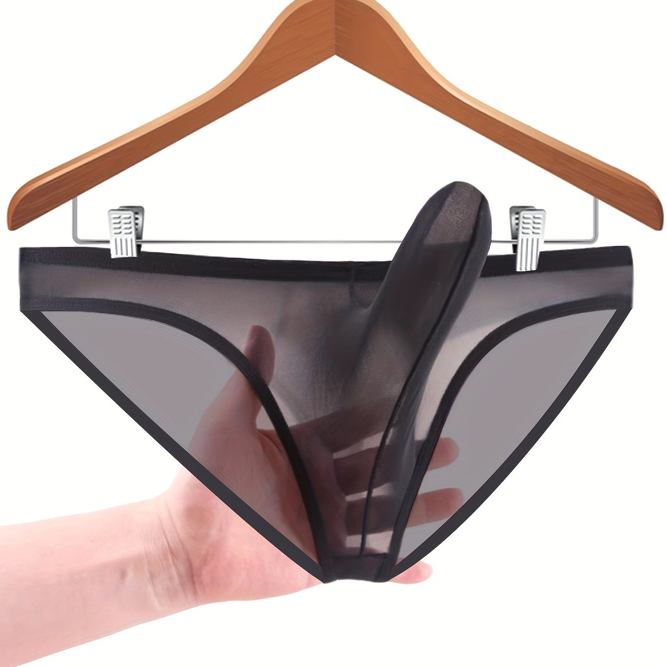 Men's Solid Color Nylon Elastane Thongs Semi-Sheer with Wooden Hanger