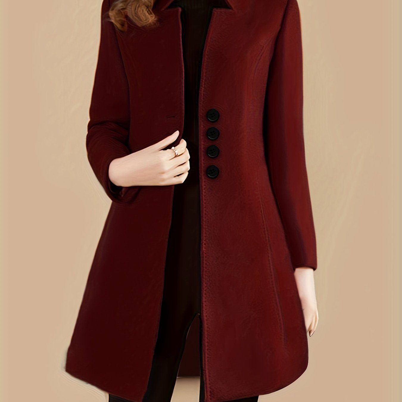 Women's Solid Polyester Single-Breasted Coat with Long Sleeves for Fall Winter