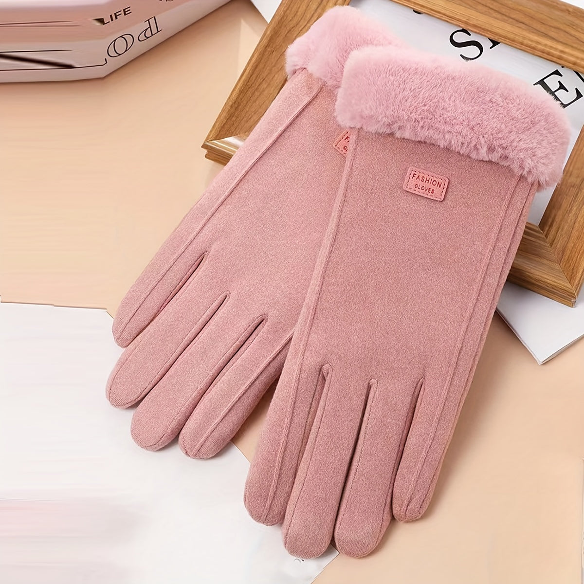 Women's Beige Touchscreen Gloves with Plush Lining Full Finger Winter Warmth