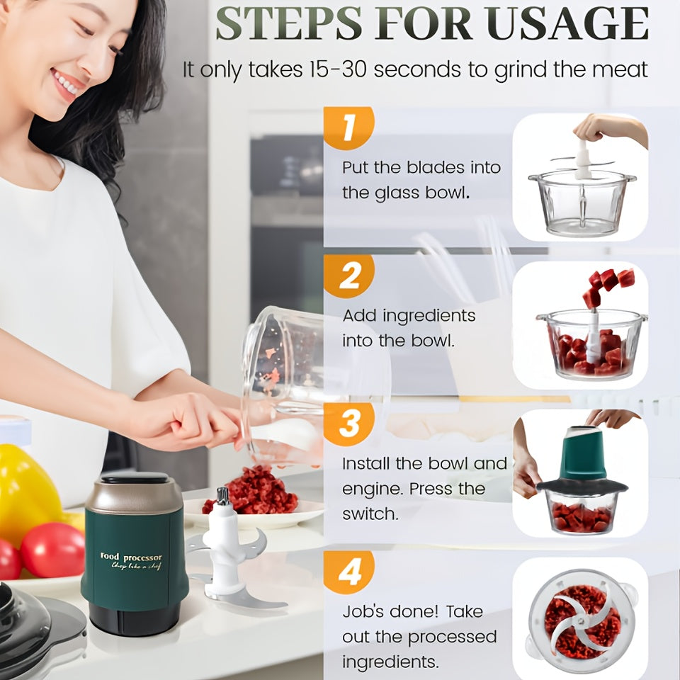 Electric Food Chopper and Processor 8-Cup 300W with 4 Blades 1.2L Glass Bowl