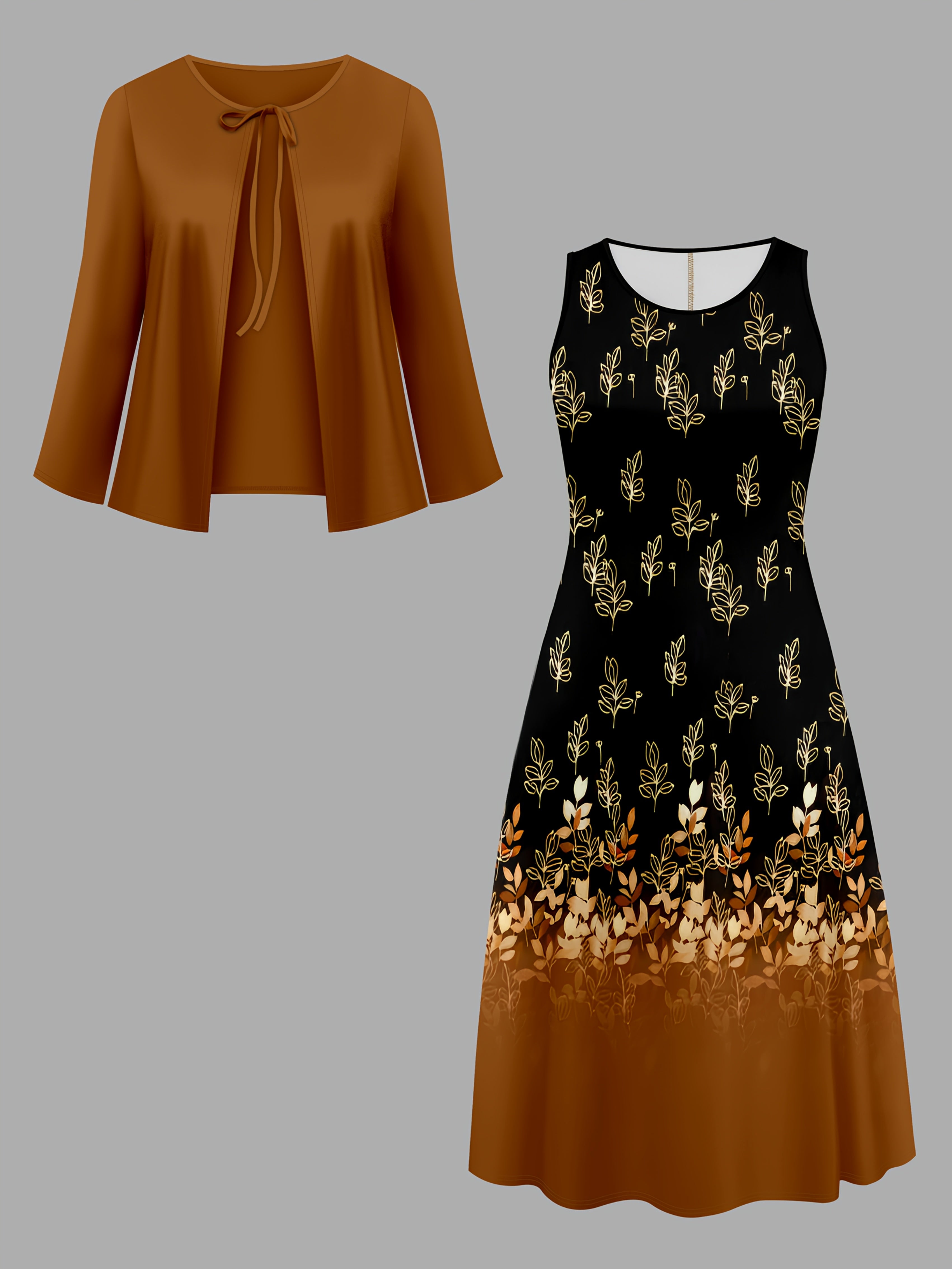 Ikkita qismdan iborat to'plam, mustahkam kardigan va gullar bilan bezatilgan ko'ylak, zamonaviy kuz/qish uslubi uchun ideal.