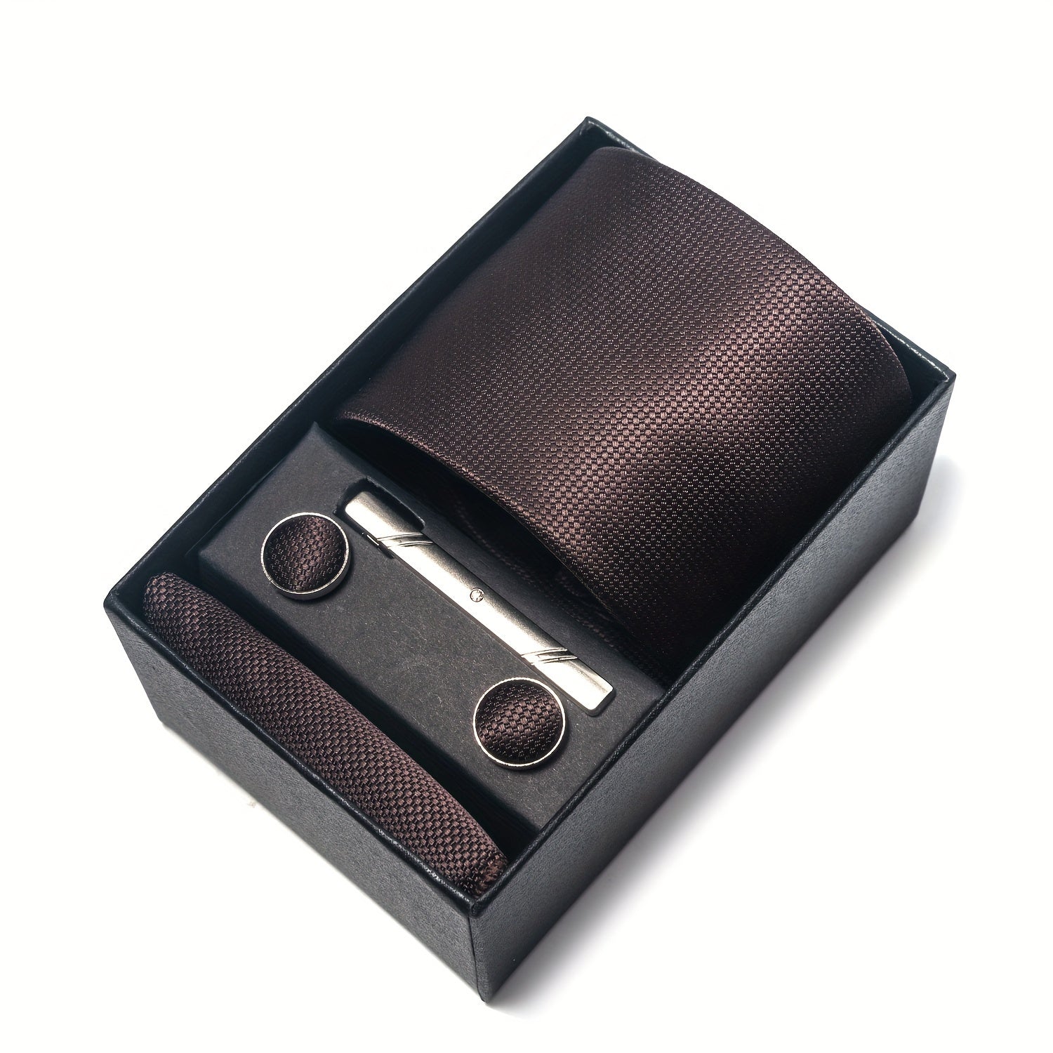 Men's Solid Color Tie Set with Square Cufflinks Gift Box for Wedding Business and Holiday