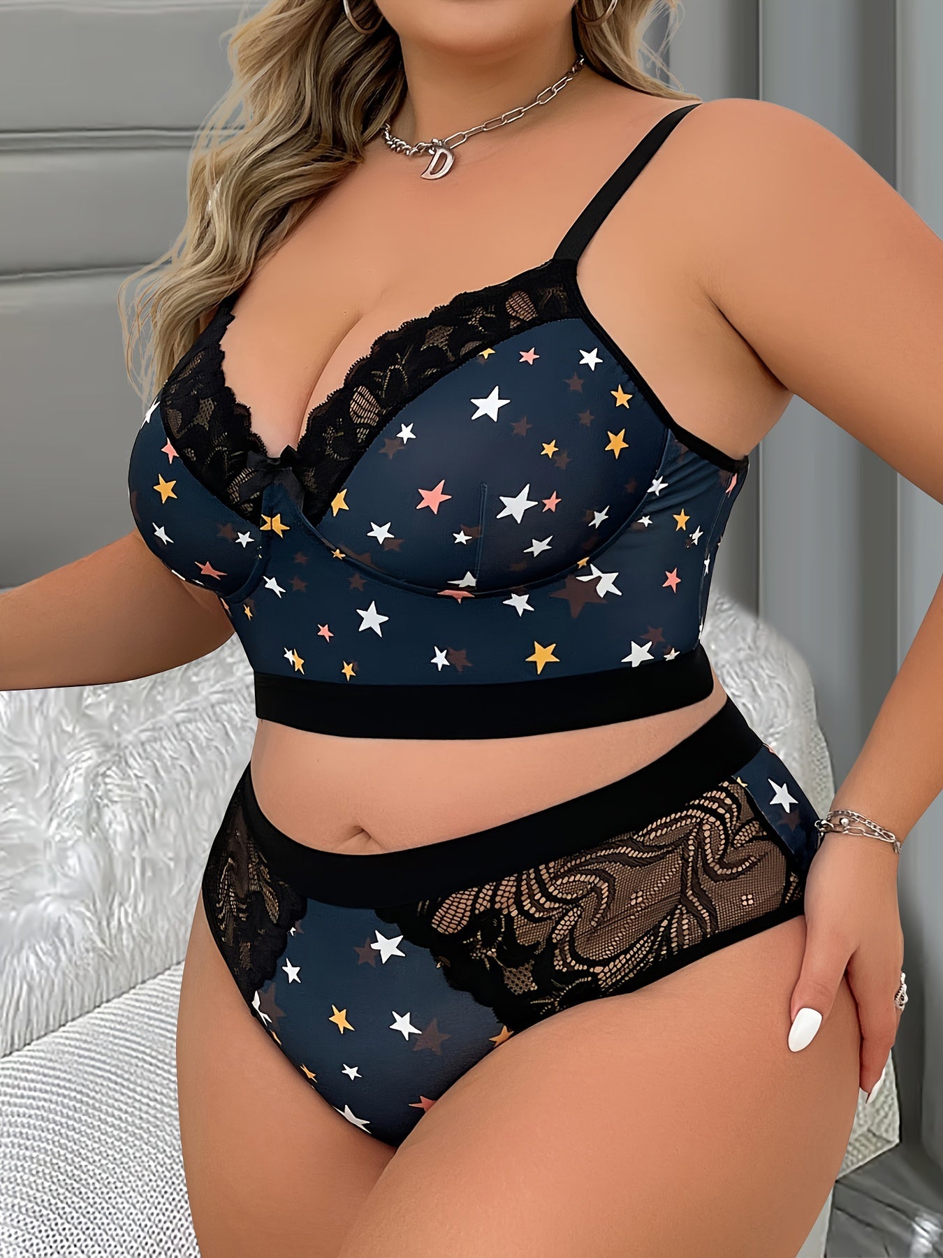 Women's Plus Size Lingerie Set Star Print Lace Bra and Panty 2 Piece