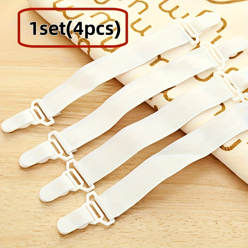 Set of 4 White Elastic Sheet Straps with Clips for Bedding and Mattress Securement