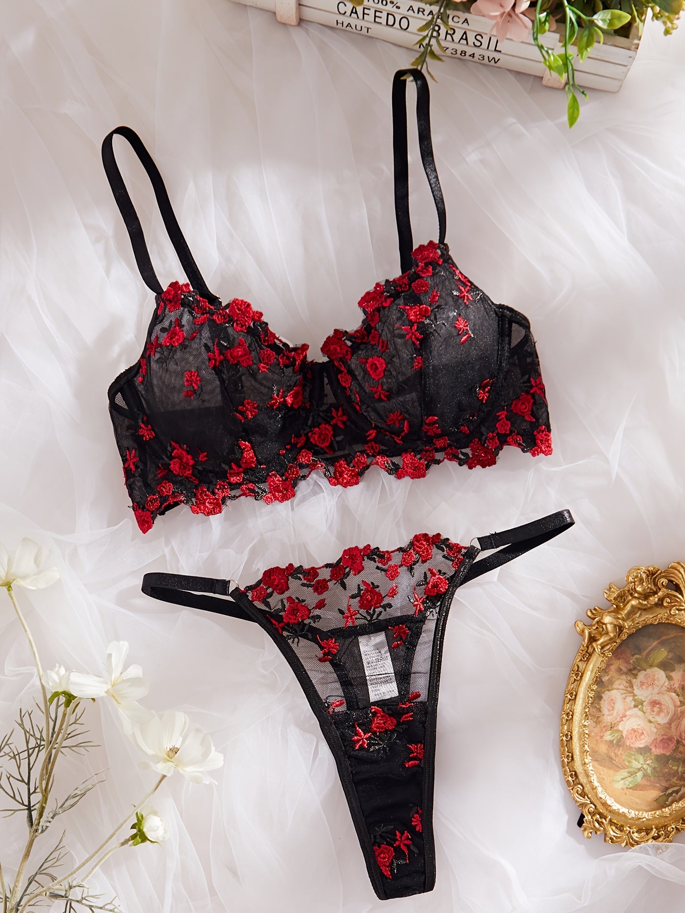 Women's Lace Seductive Lingerie Set with Adjustable Straps and Floral Design
