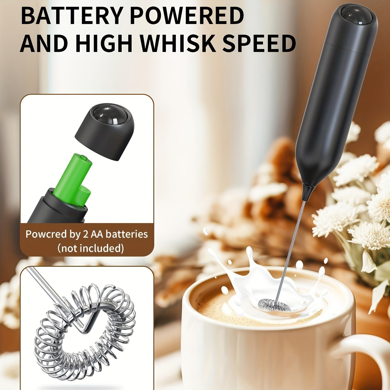 Electric Milk Frother Handheld Battery-Powered Foam Maker for Coffee Cappuccino Matcha Hot Chocolate