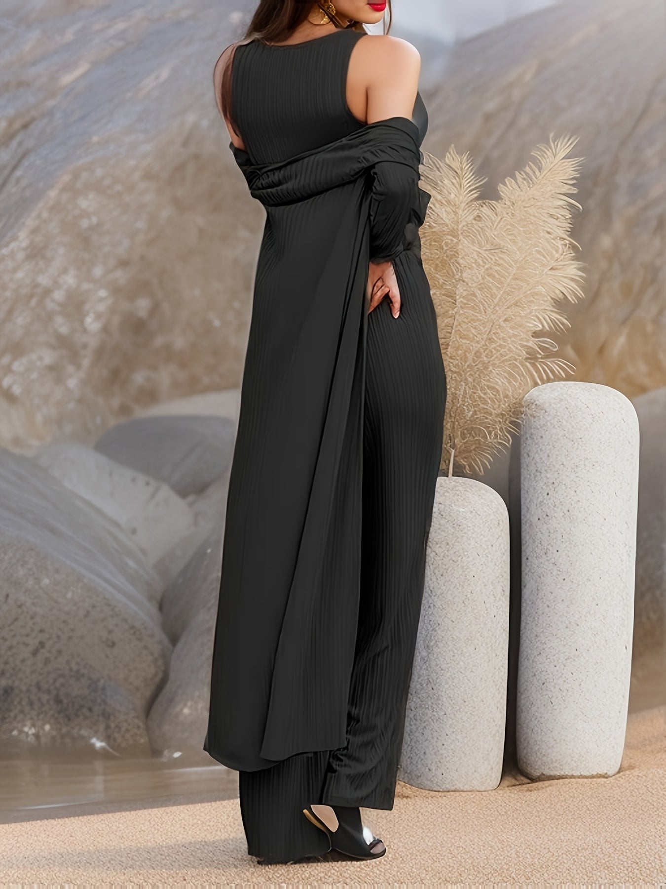 Women's Long Sleeve Solid Color Knit Pajama Set with Faux Drawstring for All Seasons