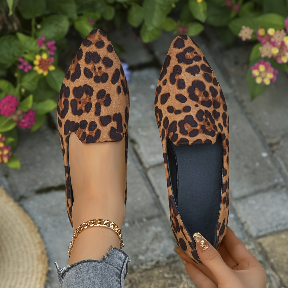 Leopard Print Slip-On Flats with Pointed Toe and Velvet Upper