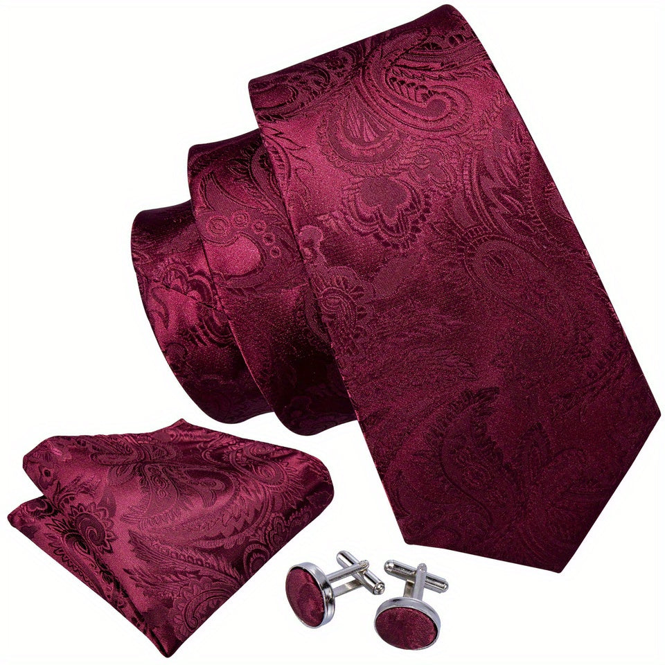 Elegante conjunto de corbata para hombre en burdeos con diseño de cachemira, que incluye pañuelo de bolsillo y gemelos - Hecho de poliéster, tejido en un diseño elegante para eventos formales y bodas, corbata y accesorios