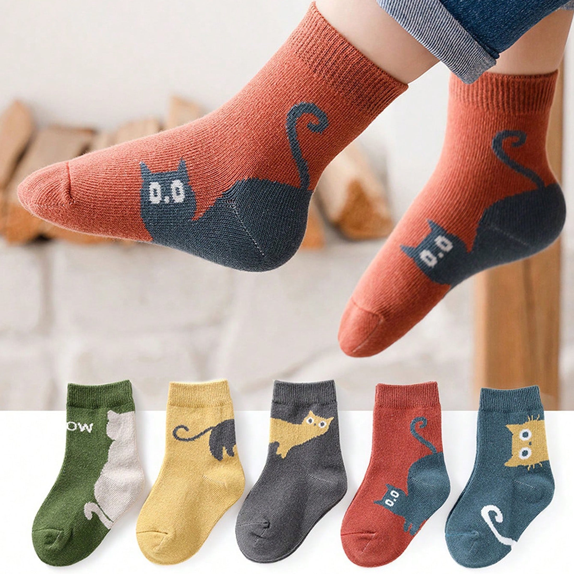 Bolalar uchun o'rta uzunlikdagi trikotaj paypoq, 5 ta paketda, multfilm mushuk naqshli, Polyester aralashmasi, barcha mavsum uchun