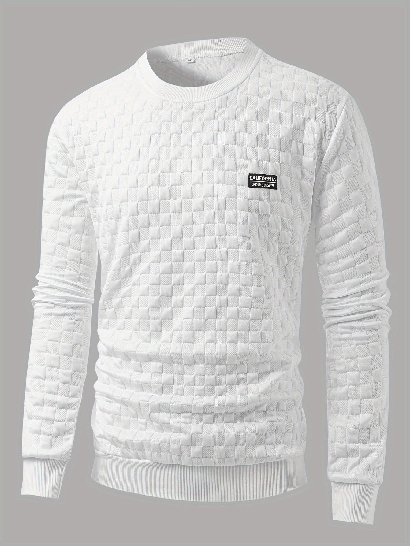 Men's Crew Neck Sweatshirt Knit Texture Checkered Design Cotton Casual Regular Fit