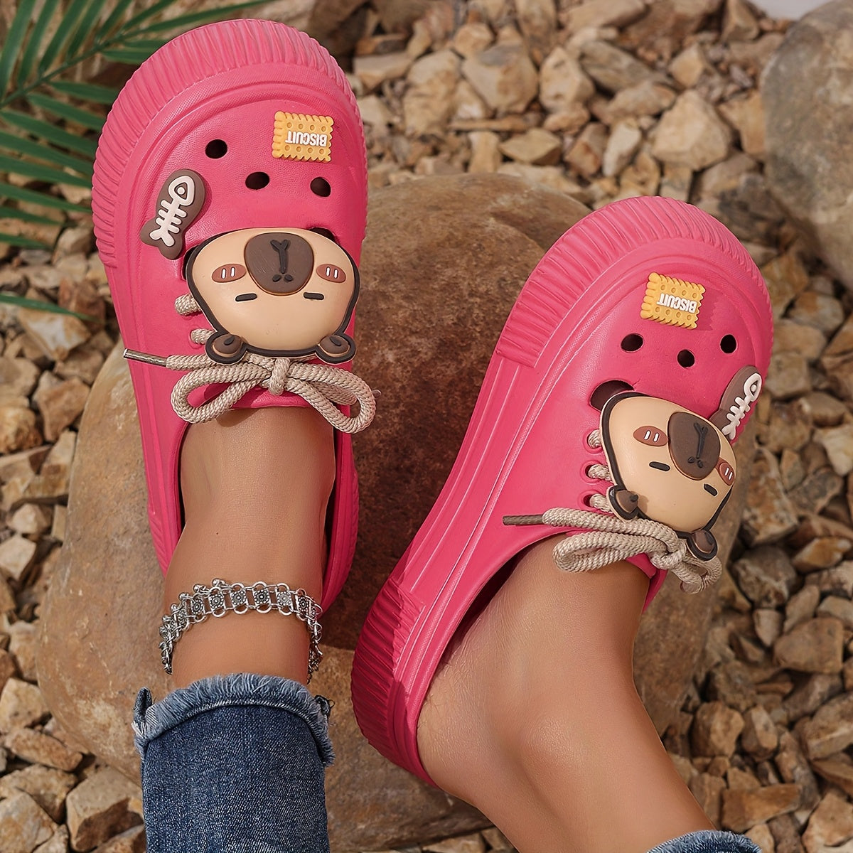 Women's Summer White EVA Clogs with Bear Charm and Thick Sole