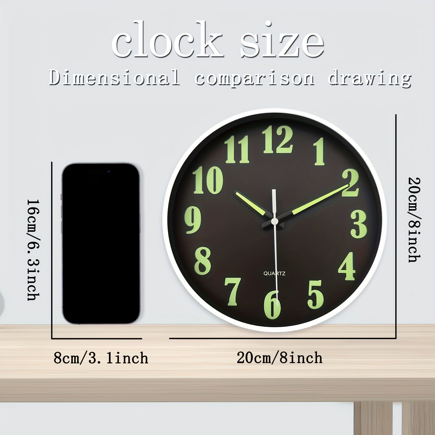 8-Inch Wall Clock with Luminous Green Numerals Silent Battery-Powered for Living Room Bedroom Outdoor