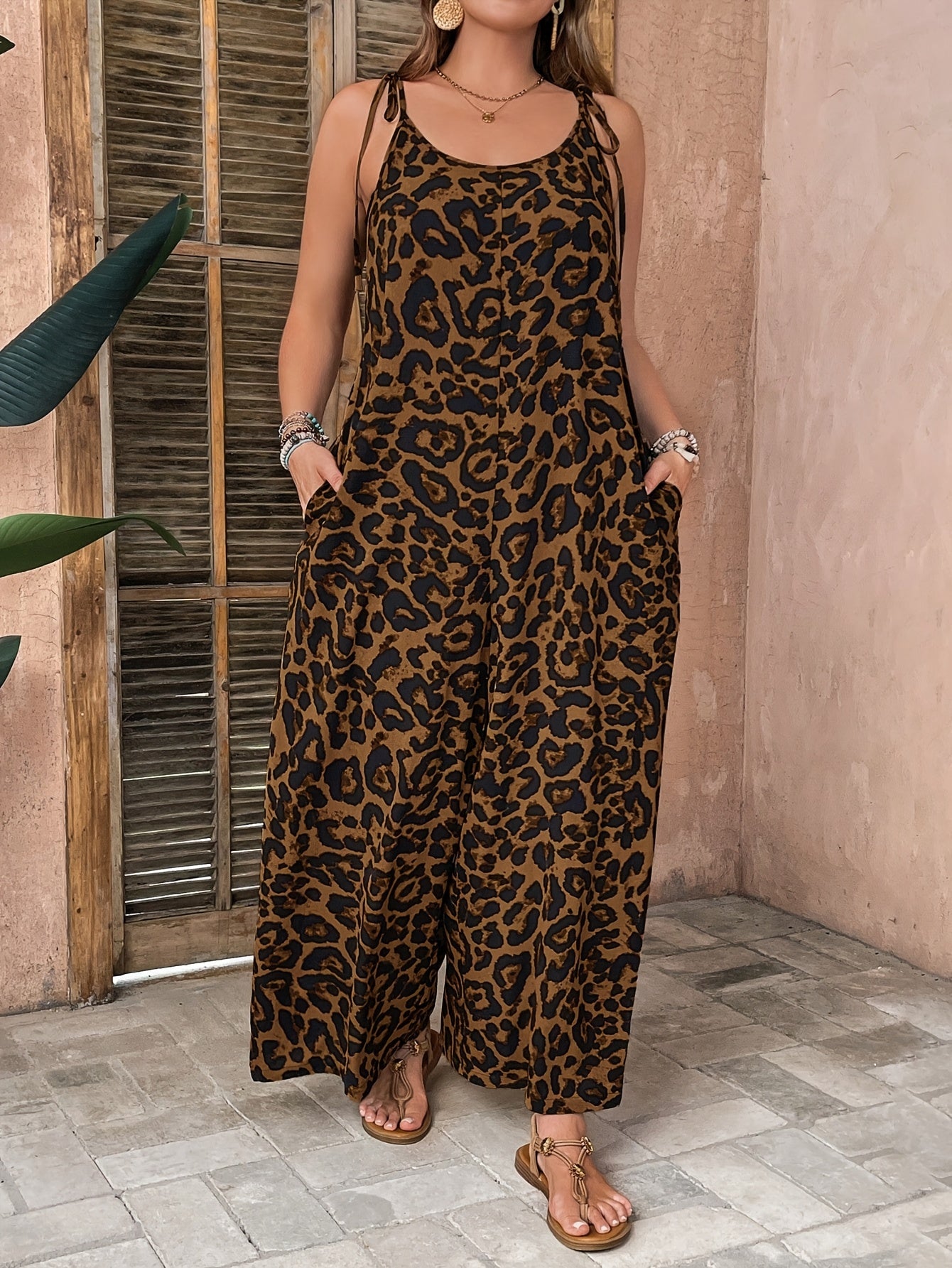 Mono sin mangas de mujer con estampado de leopardo, pantalón ancho, verano, casual, formal