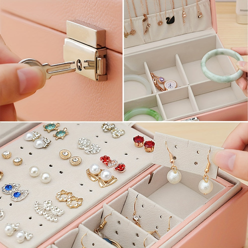 Luxury Faux Leather Jewelry Box with Dual-Layer Storage and Key Lock